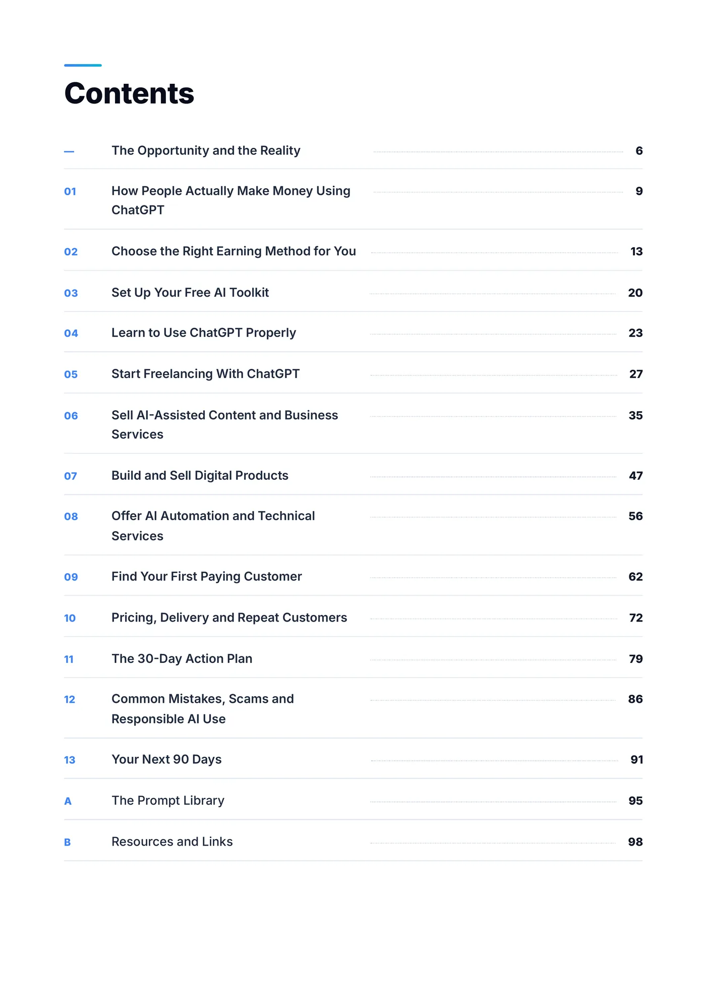 Table of contents: an opening, 13 chapters and 2 appendices